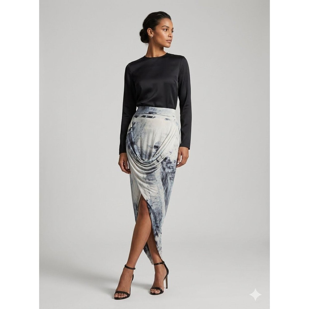 Helmut Lang‎ Draped Midi Skirt Womens S Grey Blue Tie Dye Abstract Asymmetrical
